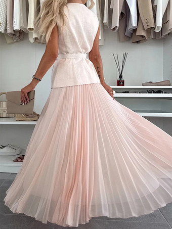 ノースリーブのツーピースセット（女性用） - オールドマネーベルト付きベストとプリーツマキシドレス - 2026年春のカジュアルイベント