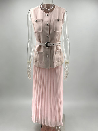 ノースリーブのツーピースセット（女性用） - オールドマネーベルト付きベストとプリーツマキシドレス - 2026年春のカジュアルイベント