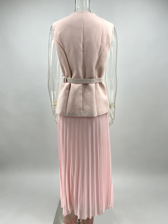 ノースリーブのツーピースセット（女性用） - オールドマネーベルト付きベストとプリーツマキシドレス - 2026年春のカジュアルイベント