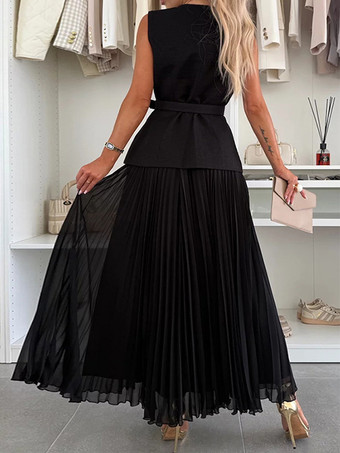 ノースリーブのツーピースセット（女性用） - オールドマネーベルト付きベストとプリーツマキシドレス - 2026年春のカジュアルイベント