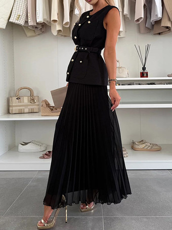ノースリーブのツーピースセット（女性用） - オールドマネーベルト付きベストとプリーツマキシドレス - 2026年春のカジュアルイベント
