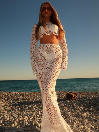 ギピュールレースのマキシスカートセット（レディース） - 透かし彫りの長袖クロップトップとフロア丈スカートのセットアップ - 2026年夏のビーチバケーション