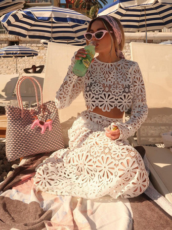 ギピュールレースのマキシスカートセット（レディース） - 透かし彫りの長袖クロップトップとフロア丈スカートのセットアップ - 2026年夏のビーチバケーション