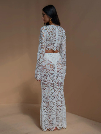 ギピュールレースのマキシスカートセット（レディース） - 透かし彫りの長袖クロップトップとフロア丈スカートのセットアップ - 2026年夏のビーチバケーション