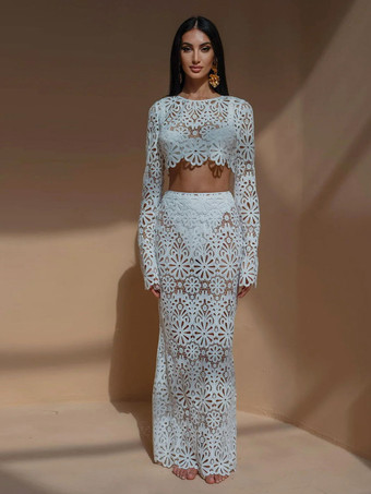 ギピュールレースのマキシスカートセット（レディース） - 透かし彫りの長袖クロップトップとフロア丈スカートのセットアップ - 2026年夏のビーチバケーション