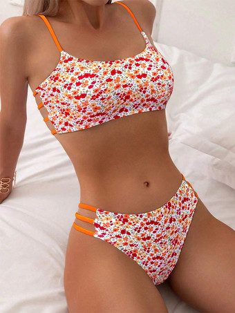オレンジ ヒョウ柄ビキニセット（女性用） - ネオンカラーのストラップ付きツーピース水着、スクープネック、サイドカットアウトボトムス - サマービーチ2026