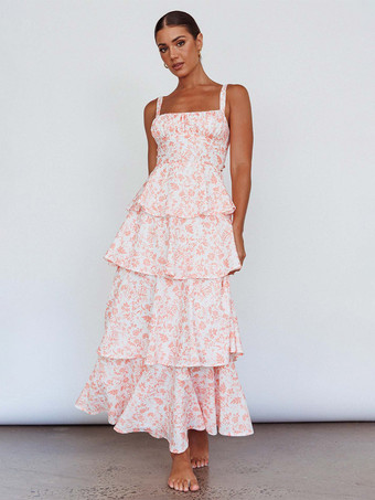 ライトピンク花柄プリントのフリル付きマキシ丈スリップドレス（女性用） - ボヘミアン風ティアードAラインストラップ付きサマードレス - 2026年夏のビーチバケーション
