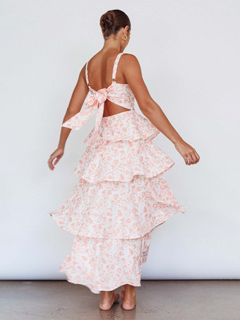 花柄プリントのフリル付きマキシ丈スリップドレス（女性用） - ボヘミアン風ティアードAラインストラップ付きサマードレス - 2026年夏のビーチバケーション