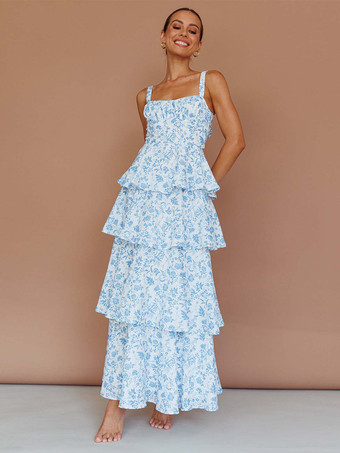 ライトスカイブルー花柄プリントのフリル付きマキシ丈スリップドレス（女性用） - ボヘミアン風ティアードAラインストラップ付きサマードレス - 2026年夏のビーチバケーション
