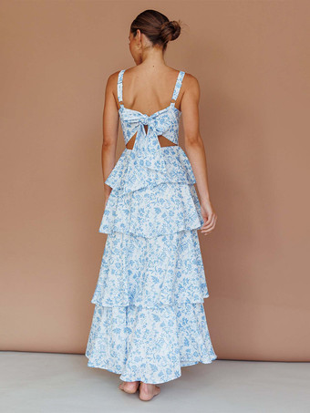 花柄プリントのフリル付きマキシ丈スリップドレス（女性用） - ボヘミアン風ティアードAラインストラップ付きサマードレス - 2026年夏のビーチバケーション