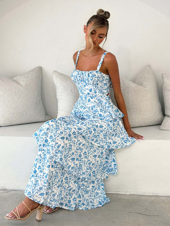 花柄プリントのフリル付きマキシ丈スリップドレス（女性用） - ボヘミアン風ティアードAラインストラップ付きサマードレス - 2026年夏のビーチバケーション