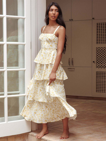 アプリコット花柄プリントのフリル付きマキシ丈スリップドレス（女性用） - ボヘミアン風ティアードAラインストラップ付きサマードレス - 2026年夏のビーチバケーション