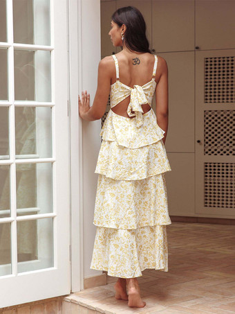 花柄プリントのフリル付きマキシ丈スリップドレス（女性用） - ボヘミアン風ティアードAラインストラップ付きサマードレス - 2026年夏のビーチバケーション