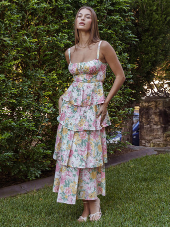 バイオレット花柄プリントのフリル付きマキシ丈スリップドレス（女性用） - ボヘミアン風ティアードAラインストラップ付きサマードレス - 2026年夏のビーチバケーション