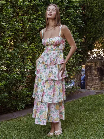 Floral Printed Ruffle Maxi Slip Dress For Women - Boho Tiered A-Line Strappy  Sun Dress - Summer Beach Vacation 2026 - Milanoo.com