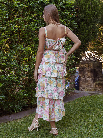 花柄プリントのフリル付きマキシ丈スリップドレス（女性用） - ボヘミアン風ティアードAラインストラップ付きサマードレス - 2026年夏のビーチバケーション