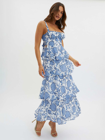 ブルー 花柄プリントのフリル付きマキシ丈スリップドレス（女性用） - ボヘミアン風ティアードAラインストラップ付きサマードレス - 2026年夏のビーチバケーション