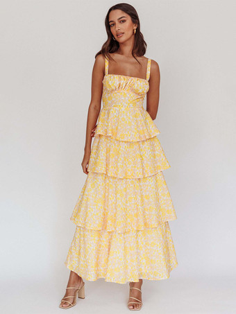 イエロー花柄プリントのフリル付きマキシ丈スリップドレス（女性用） - ボヘミアン風ティアードAラインストラップ付きサマードレス - 2026年夏のビーチバケーション