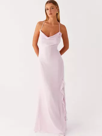 Backless Ruffle Maxi Dress For Women - Cowl Neck Strappy Sleeveless Gown  With 3D Flower - Summer Formal Prom 2026 - Milanoo.com