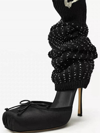 ブラックのニーハイブーツ レディース スクエアトゥ リボンカットアウト エラスティックブーツ