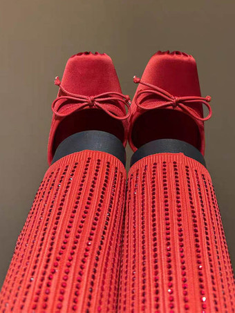 ブラックのニーハイブーツ レディース スクエアトゥ リボンカットアウト エラスティックブーツ