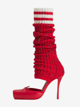 レッド ブラックのニーハイブーツ レディース スクエアトゥ リボンカットアウト エラスティックブーツ