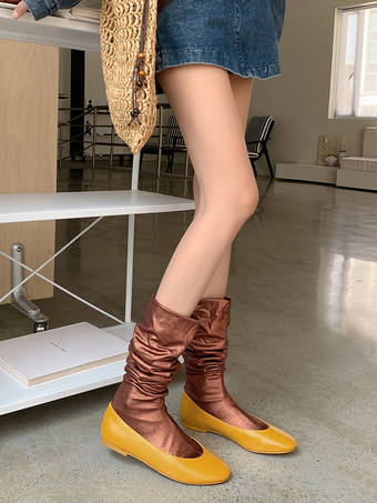 レディース フラットブーツ ラウンドトゥ スラウチ ミッドカーフブーツ