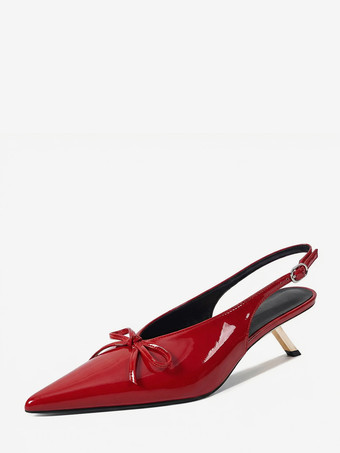 レッド キトゥンヒールパンプス ポインテッドトゥ リボン スリッポン プロムシューズ