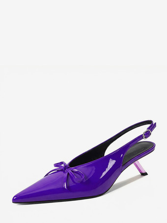 パープル キトゥンヒールパンプス ポインテッドトゥ リボン スリッポン プロムシューズ