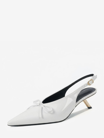 ホワイト キトゥンヒールパンプス ポインテッドトゥ リボン スリッポン プロムシューズ