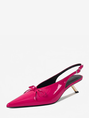 ローズレッドキトゥンヒールパンプス ポインテッドトゥ リボン スリッポン プロムシューズ