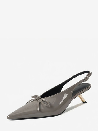 グレイキトゥンヒールパンプス ポインテッドトゥ リボン スリッポン プロムシューズ