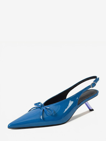 ライトスカイブルーキトゥンヒールパンプス ポインテッドトゥ リボン スリッポン プロムシューズ