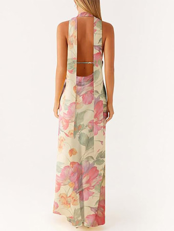 ミニマリズムホルターネックマキシドレス（女性用） - エレガントな背中開きノースリーブプロムガウン（スカーフ付き） - 2026年夏のフォーマルイブニングドレス