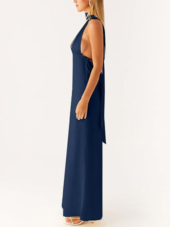 ミニマリズムホルターネックマキシドレス（女性用） - エレガントな背中開きノースリーブプロムガウン（スカーフ付き） - 2026年夏のフォーマルイブニングドレス