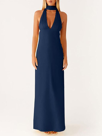 ダークネイビーミニマリズムホルターネックマキシドレス（女性用） - エレガントな背中開きノースリーブプロムガウン（スカーフ付き） - 2026年夏のフォーマルイブニングドレス