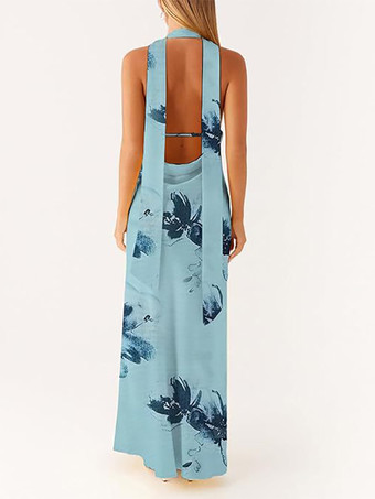 ミニマリズムホルターネックマキシドレス（女性用） - エレガントな背中開きノースリーブプロムガウン（スカーフ付き） - 2026年夏のフォーマルイブニングドレス