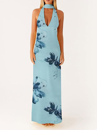 ブルー ミニマリズムホルターネックマキシドレス（女性用） - エレガントな背中開きノースリーブプロムガウン（スカーフ付き） - 2026年夏のフォーマルイブニングドレス