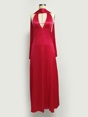 ミニマリズムホルターネックマキシドレス（女性用） - エレガントな背中開きノースリーブプロムガウン（スカーフ付き） - 2026年夏のフォーマルイブニングドレス