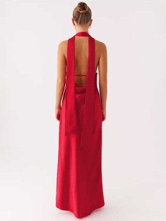 ミニマリズムホルターネックマキシドレス（女性用） - エレガントな背中開きノースリーブプロムガウン（スカーフ付き） - 2026年夏のフォーマルイブニングドレス