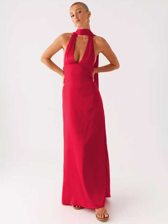 レッド ミニマリズムホルターネックマキシドレス（女性用） - エレガントな背中開きノースリーブプロムガウン（スカーフ付き） - 2026年夏のフォーマルイブニングドレス