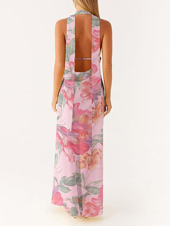 ミニマリズムホルターネックマキシドレス（女性用） - エレガントな背中開きノースリーブプロムガウン（スカーフ付き） - 2026年夏のフォーマルイブニングドレス