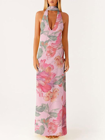 バイオレットミニマリズムホルターネックマキシドレス（女性用） - エレガントな背中開きノースリーブプロムガウン（スカーフ付き） - 2026年夏のフォーマルイブニングドレス