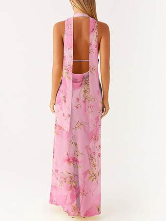 ミニマリズムホルターネックマキシドレス（女性用） - エレガントな背中開きノースリーブプロムガウン（スカーフ付き） - 2026年夏のフォーマルイブニングドレス