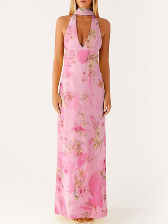 ピンクミニマリズムホルターネックマキシドレス（女性用） - エレガントな背中開きノースリーブプロムガウン（スカーフ付き） - 2026年夏のフォーマルイブニングドレス