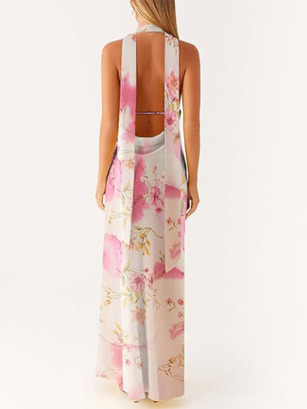 ミニマリズムホルターネックマキシドレス（女性用） - エレガントな背中開きノースリーブプロムガウン（スカーフ付き） - 2026年夏のフォーマルイブニングドレス