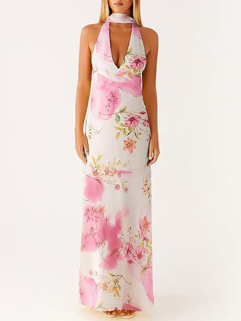 アイボリー ミニマリズムホルターネックマキシドレス（女性用） - エレガントな背中開きノースリーブプロムガウン（スカーフ付き） - 2026年夏のフォーマルイブニングドレス