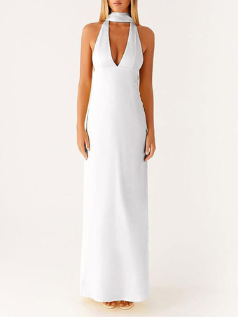 ホワイト ミニマリズムホルターネックマキシドレス（女性用） - エレガントな背中開きノースリーブプロムガウン（スカーフ付き） - 2026年夏のフォーマルイブニングドレス