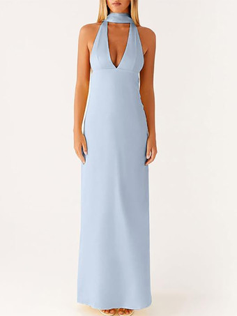 レイクブルー ミニマリズムホルターネックマキシドレス（女性用） - エレガントな背中開きノースリーブプロムガウン（スカーフ付き） - 2026年夏のフォーマルイブニングドレス