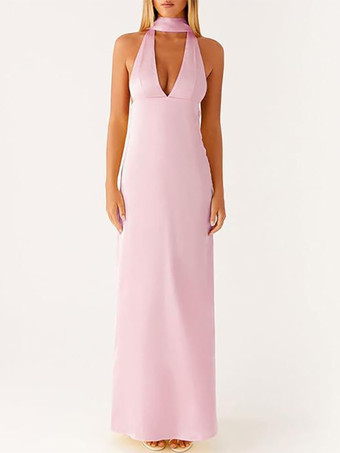 ライトピンクミニマリズムホルターネックマキシドレス（女性用） - エレガントな背中開きノースリーブプロムガウン（スカーフ付き） - 2026年夏のフォーマルイブニングドレス